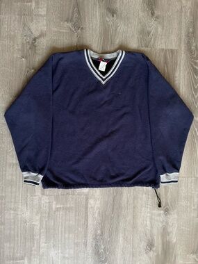 Vintage Champion Mens/Unisex Blue Fleece V-Neck Sweatshirt Drawstring Hem - Med